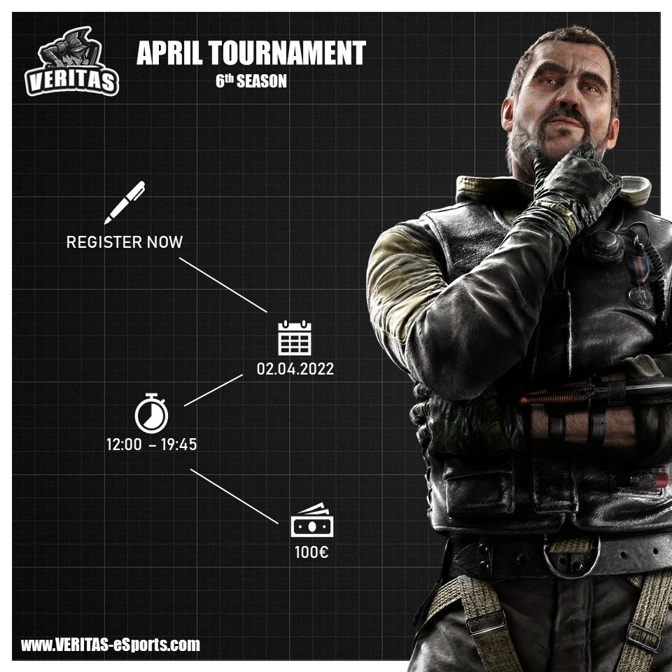 APRIL - TOURNAMENT
We are back again! We had to skip one event but now we are back 💪
You can register now ✏️ As always, only the first 8 teams can take part. 
Better be fast 😉

Information 📋
veritas-esports.com/tournaments

Bracket⚔️ (Only on PC)
veritas-esports.com/bracket

#ITSVERITAS