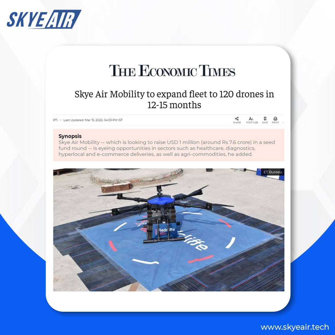 air_skye's tweet photo. Making WAVES!

Leading and Renowned Media portals covered the story of Skye Air Mobility completing milestone of 1000 flights in six months.

@EconomicTimes
@timesofindia 
 
#1000FlightsSkyEAir #SkyEAirMobility #Drones #DronesDelivery #Aerospace #Aviation #UAV https://t.co/GB3aSwLSj7