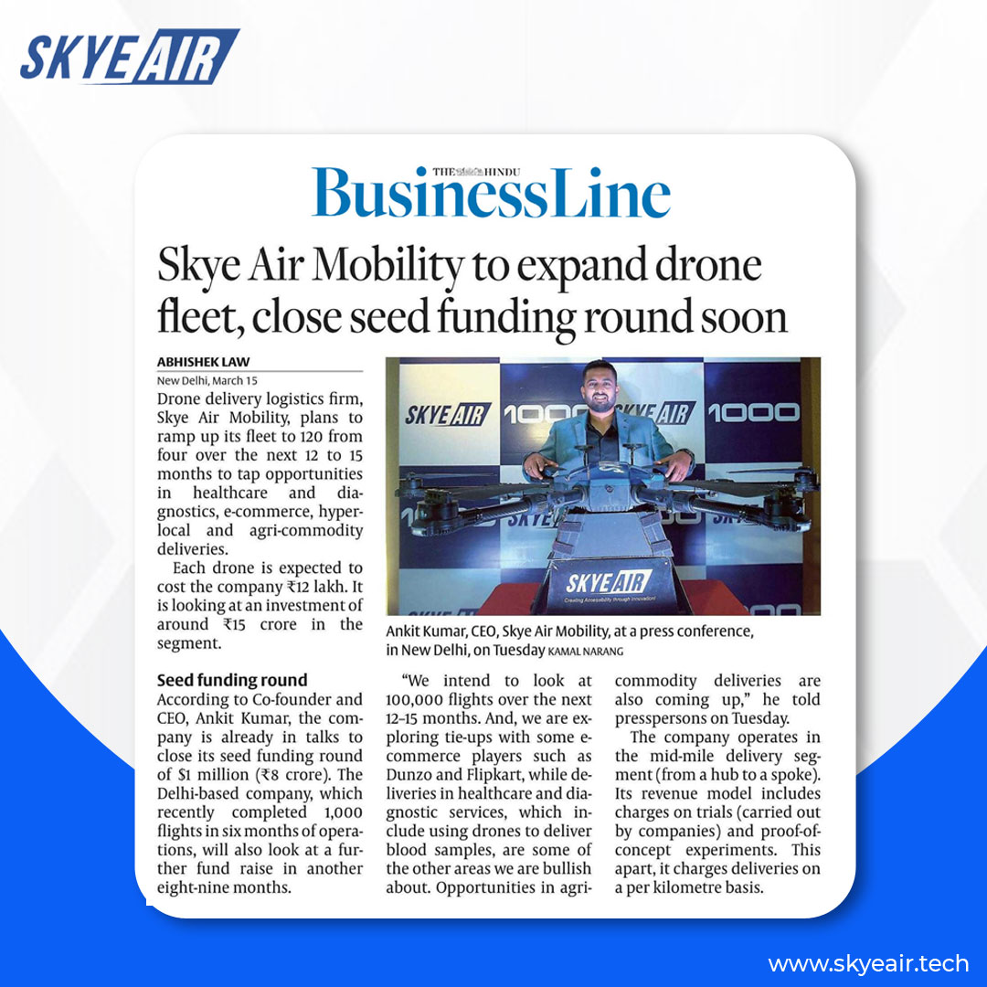 air_skye's tweet photo. Making WAVES!

Leading and Renowned Media portals covered the story of Skye Air Mobility completing milestone of 1000 flights in six months.

@EconomicTimes
@timesofindia 
 
#1000FlightsSkyEAir #SkyEAirMobility #Drones #DronesDelivery #Aerospace #Aviation #UAV https://t.co/GB3aSwLSj7