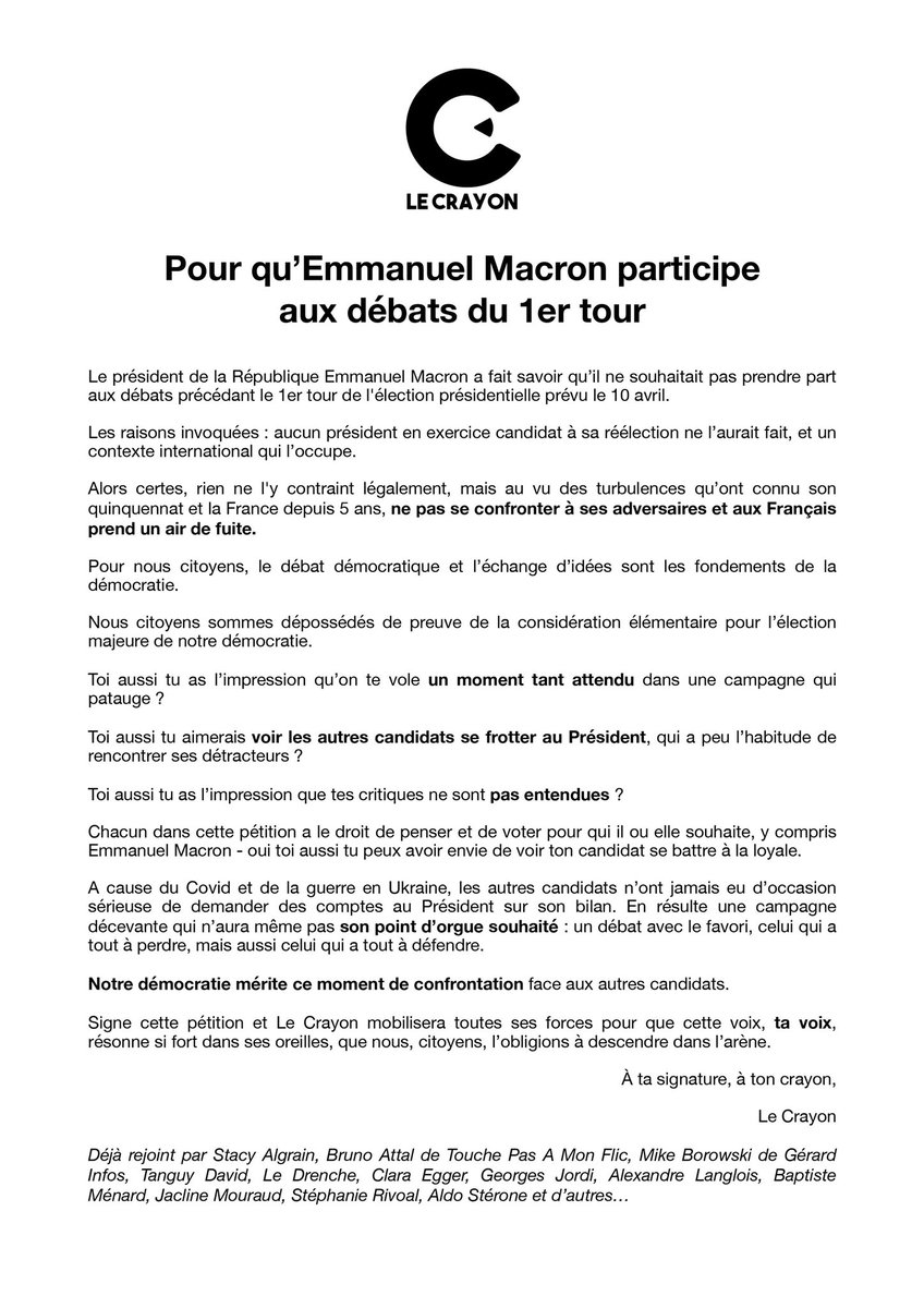 Le débat est le fondement de la démocratie.

Pourtant, <a href="/EmmanuelMacron/">Emmanuel Macron</a> refuse de prendre part aux débats du 1er tour de l'élection #Presidentielle2022 

Signons cette pétition pour demander qu'il y participe ❗️

👉 politicall.com/fr/petitions/p…