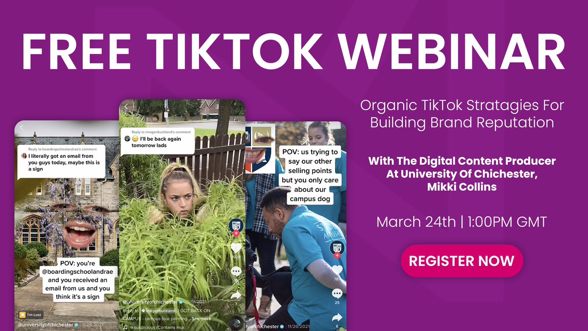 Sign up for our free Webinar with Mikki Collins, digital content producer at <a href="/chiuni/">University of Chichester</a>, if you’d like to learn how TikTok can boost your reputation and recruitment!  🙌

Register here 👉  us02web.zoom.us/webinar/regist…