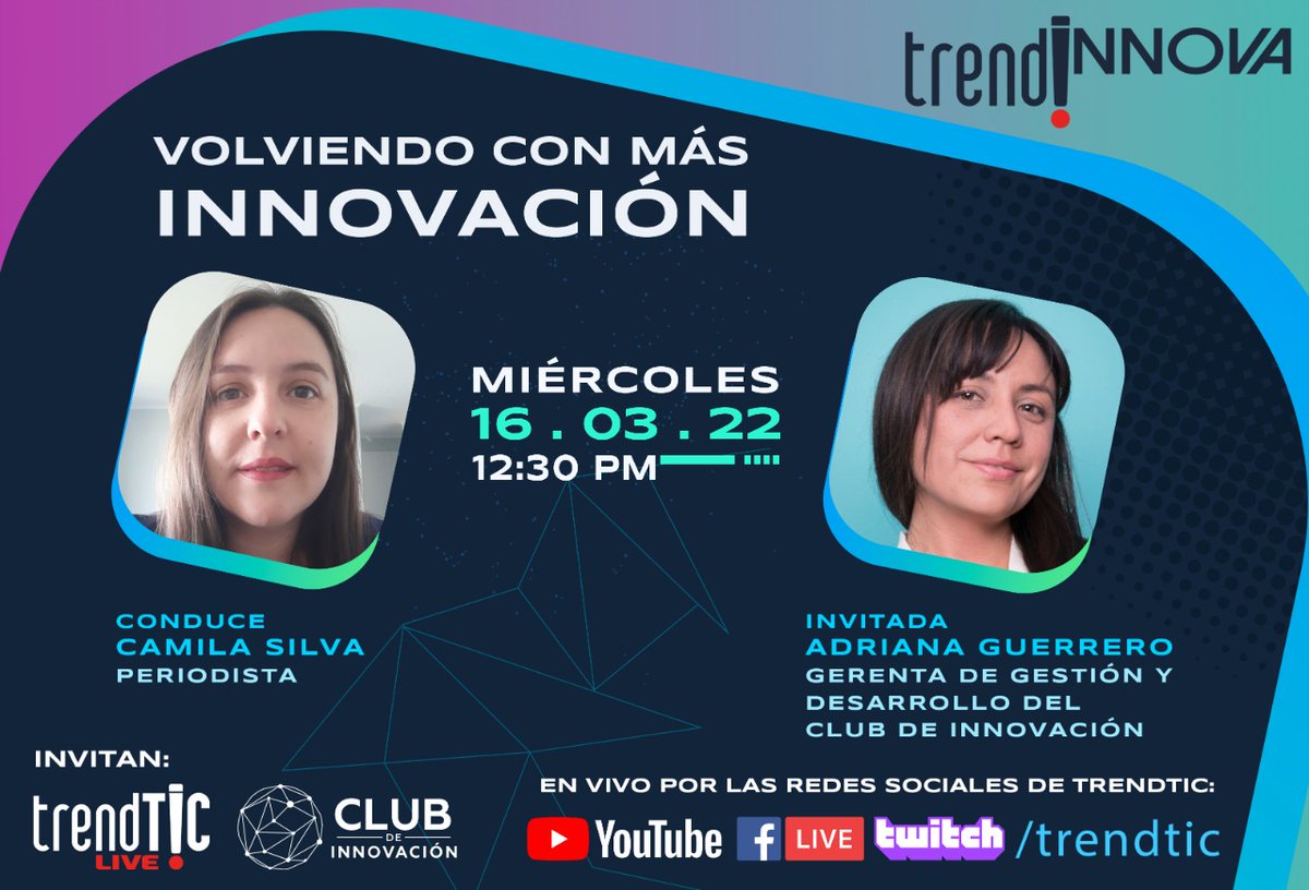 clubdinnovacion's tweet photo. ¡Hoy volvemos con más innovación!
Acompáñanos durante la 2da temporada de #TrendInnova, programa junto a Revista @trendTIC, donde abordamos las oportunidades de la innovación.
Tema de hoy: los desafíos de #AntofaInnova.
NUEVO HORARIO 12:30PM
Conéctate en https://t.co/AimHIXfIR6 https://t.co/d44sX8j5t3