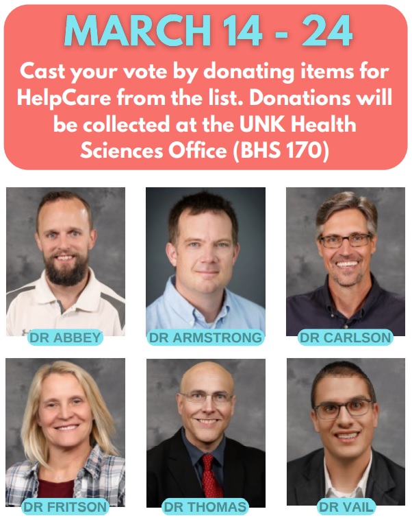 We're hosting our annual PIE-A-PROFESSOR Event! Help us raise donated items for the Kearney HelpCare Clinic. Donated items will be collected as “votes” toward a UNK faculty member you'd like to pie. #UNKCAS #UNKHealthSciences
