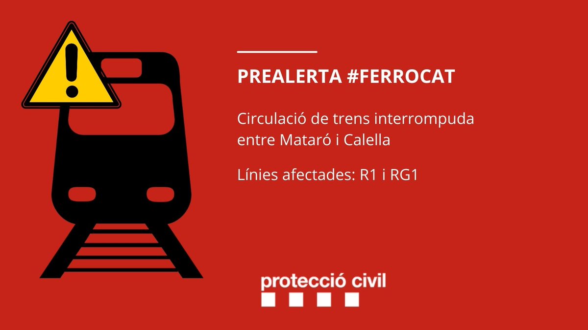 emergenciescat's tweet photo. Prealerta #FERROCAT

Circulació de trens de les línies @rod1cat i @rg1cat interrompuda entre Mataró i Calella per l'atropellament d'una persona. https://t.co/EhqMUyPsl8