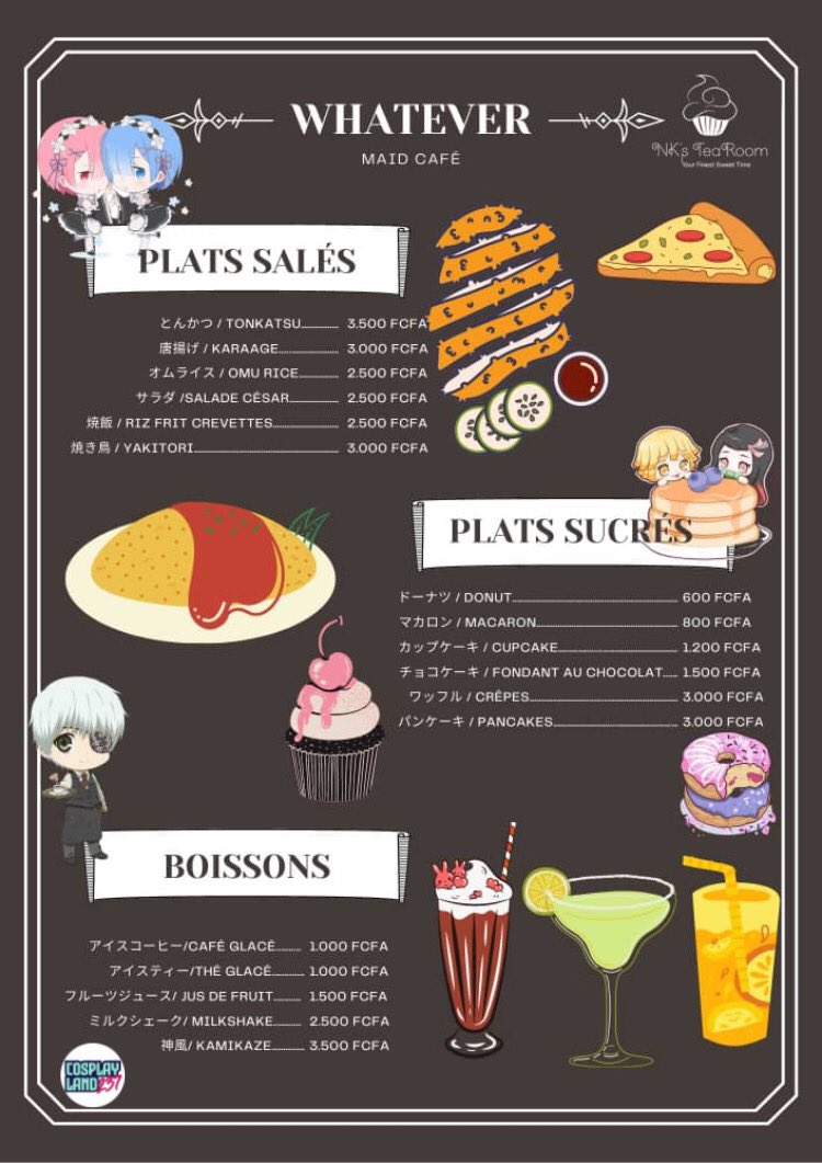 Vous avez été nombreux à nous demander ce qu’il y aura au menu du Whatever Maid-café. Votre vœu a donc été exaucé. 😏

Venez profiter des bons petits plats du Nk’s TeaRoom. Vous aurez l’embarras du choix. 🤤

#Cosplayevent #Whatevermaidcafe #cameroun