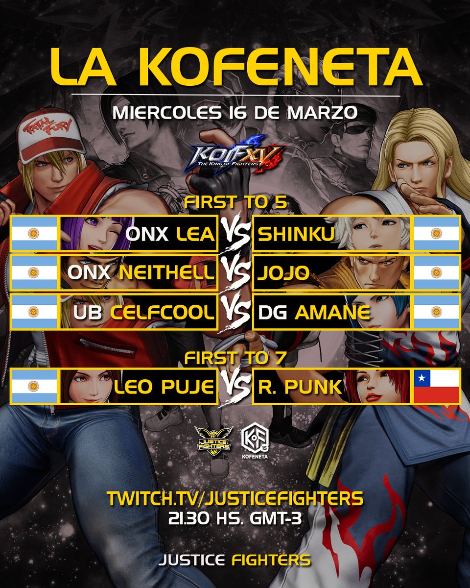 HOY💪 #LaKofeneta 

Set Internacional

🇦🇷 <a href="/leo_en76/">Leopuje</a> 🆚 <a href="/RPunK_cl/">RPunK</a> 🇨🇱

🎮 The King of Fighters XV 
⏰ 21:30 🇦🇷🇧🇷🇨🇱 19:30 🇵🇪
📺 Twitch.tv/JusticeFighters
🎙️ <a href="/KeloCelote/">JF | Kelito</a> &amp; <a href="/UAFG_AR/">UAFG</a> 

#KOF #KOFXV #KOF15 
#SNK #FGC #Argentina