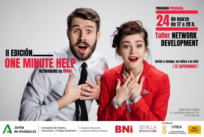 cadesevilla's tweet photo. 🔜 Taller 'Networking Development'.
🔴⚫️ II ed. #OneMinuteHelp, junto a @bni_sevilla @Ayto_Sevilla.
✅ Formación presencial dirigida a personas emprendedoras y empresarias.
🗓️ 24 marzo ⏰ De 17 h. a 20 h.
✍️ ¡Vente! https://t.co/Llx2FJVGlE
#EmprendeAND #territorioemprende https://t.co/F2PyNHG7sP