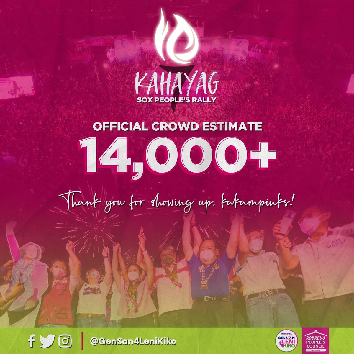 GenSan4LeniKiko's tweet photo. Daghang salamat, 14K for showing up! Thank you for proving that #GenSanisPINK #SOXisPINK
Hindi pa tapos ang laban, Kakampinks! ๐ธ
Crowd estimate confirmed by PNP GenSan personnel. ๐ https://t.co/ey4U2M9DDF