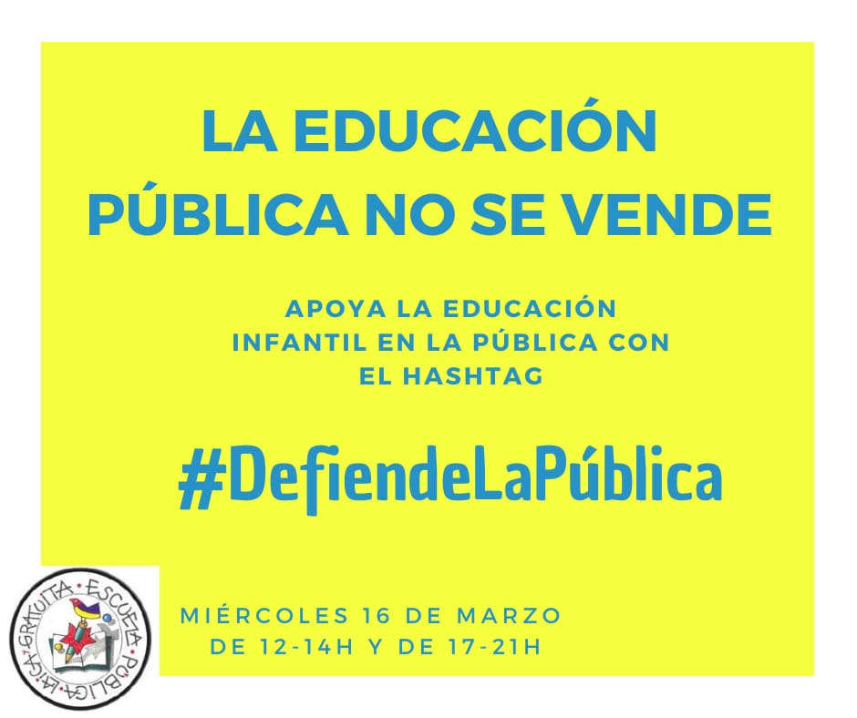 La Escuela Pública necesita que familias y alumnado, la comunidad educativa, la defendamos.
🗓️ 19M
🟢Bicicletada por la matriculación 🚲
⏱️ 11-11:30h Ponce de León, A. Machado, G. Quintana
🟢Marcha por la Escuela Pública
⏱️ 12h Pza Milenio

I 💚 #EscuelaPública
#DefiendeLaPública
