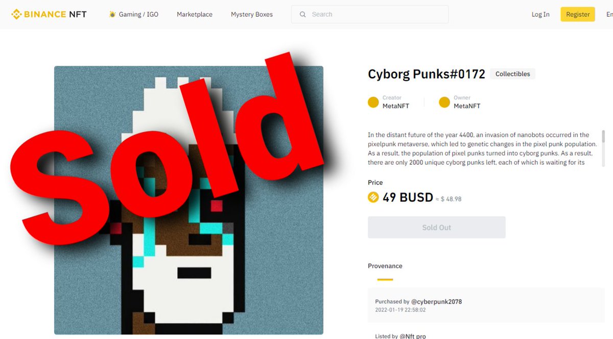 Pixel_PunksN1's tweet photo. ✅Cyborg Punks#0172 was Sold for 49 busd ($48.98) in the Binance exchange.
 
✅Welcome to the team !!!

✅Prices are rising fast have time to buy !!!
@binancenfts
@nftshka
@crypto_pixel_studios

#nft #opensea #nftbrasil #nftpixelart #nftour #nftr #nftgram #nfttoken #nftthai https://t.co/Mn5jk7bHqY