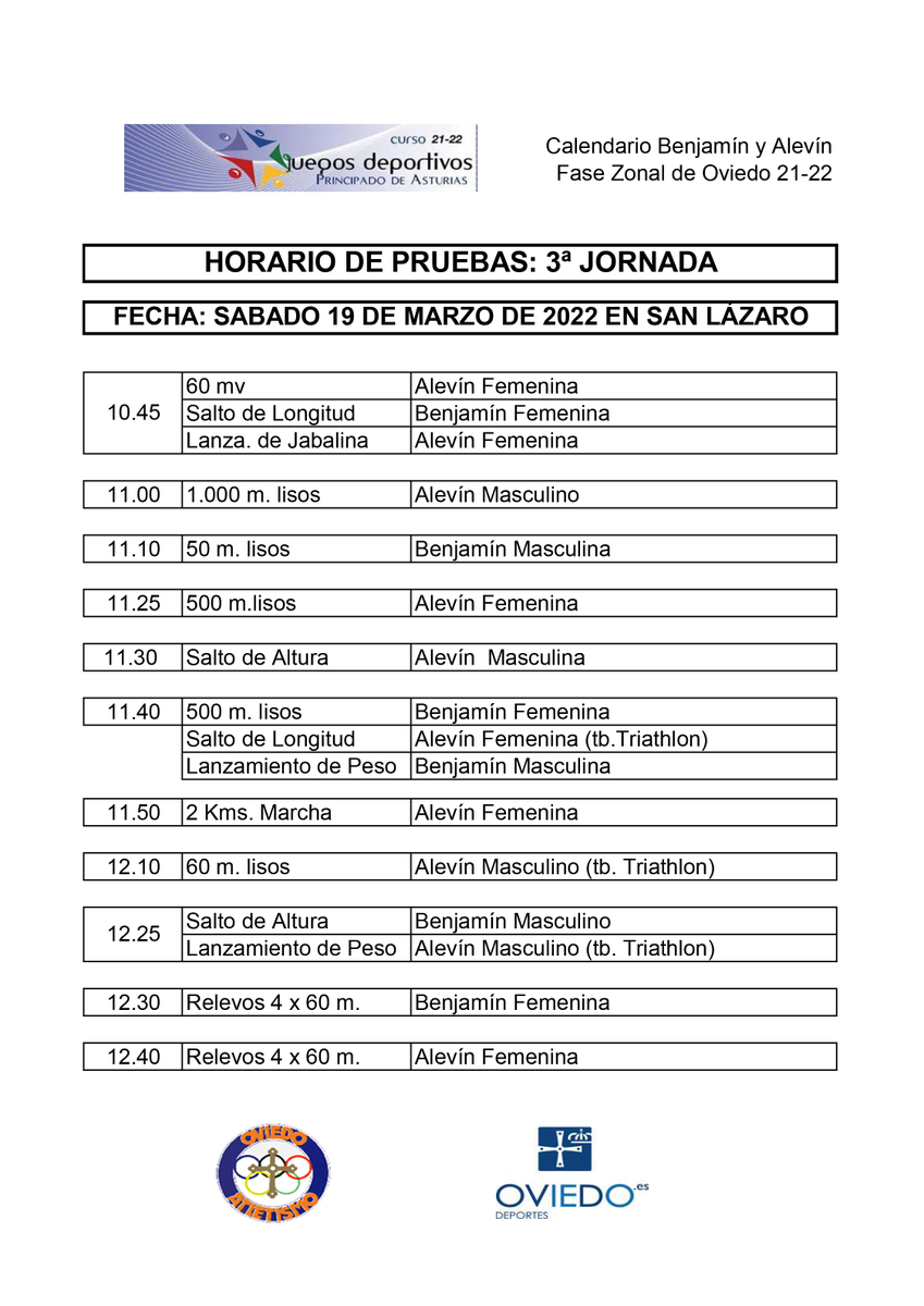 📆 Este fin de semana tendrá lugar la tercera jornada de pista de los benjamines y alevines zona de Oviedo. 
⏰ Aquí os dejamos el horario de las pruebas: