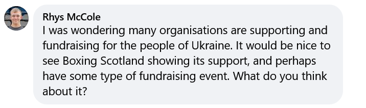 RhysMccole's tweet photo. Seeing as @BoxingScotland have BLOCKED me from commenting on Twitter I was wondering if ANYONE would like to RETWEET. Support for Ukraine and potential help/support via fundraising would be a nice gesture  #wednesdaythought #UkraineUnderAttack #UkraineWar 🇺🇦 What do you think ? https://t.co/U4dmT4autN