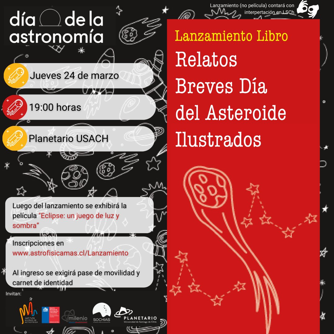 astrofisicaMAS's tweet photo. ¿Quieres obtener nuestro nuevo libro? Acompáñanos a celebrar el #DíaDeLaAstronomía junto a @sochias y @PlanetarioChile el próx. 24 de marzo a las 19 hrs. 

ACTIVIDAD GRATUITA, CUPOS LIMITADOS.

Inscripciones 
https://t.co/koLlm2DjGG https://t.co/zqSd0OWXng