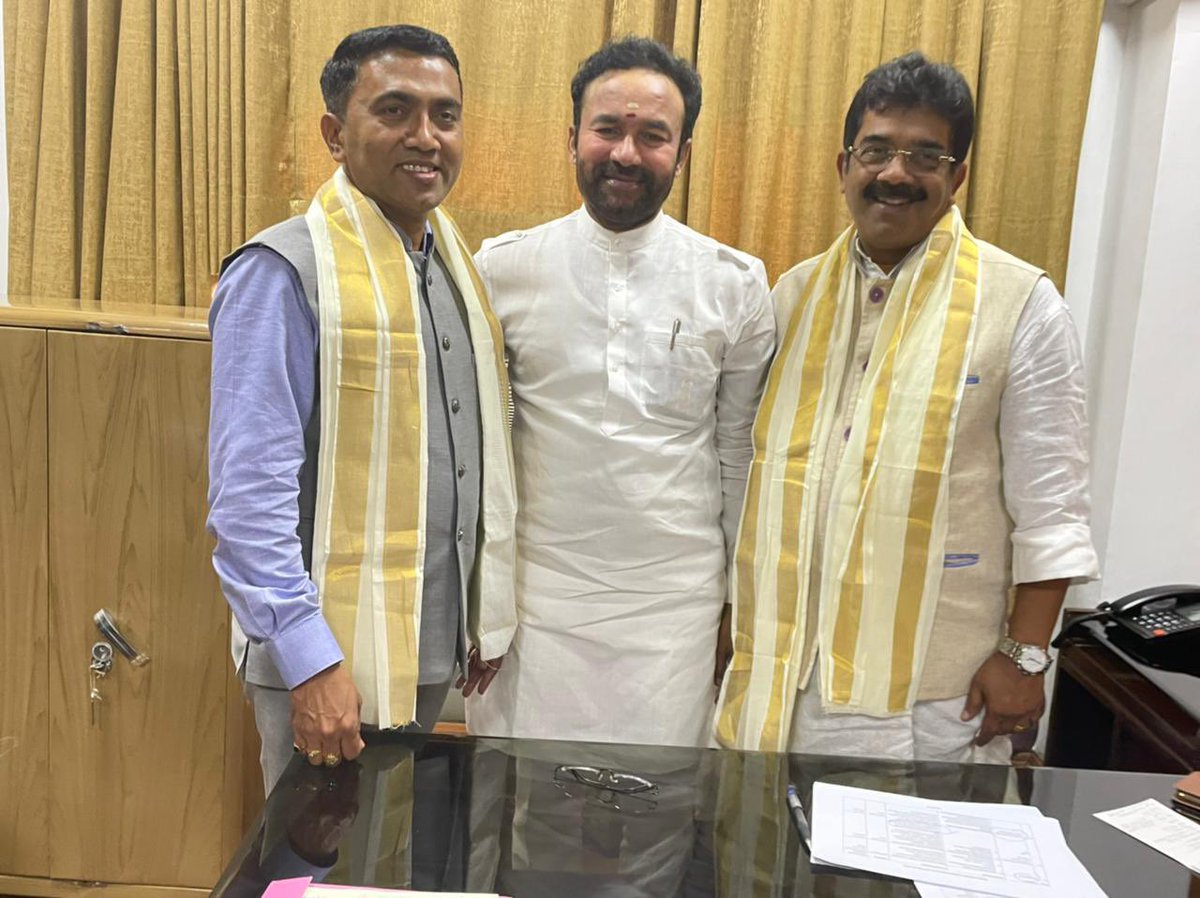 kishanreddybjp's tweet photo. Hon’ble CM of Goa Sh @DrPramodPSawant & @BJP4Goa President Sh @ShetSadanand paid a courtesy visit today, at Parliament.
Congratulated both on the emphatic victory in the recently held #GoaElections2022 . https://t.co/K6hR9UxSBE