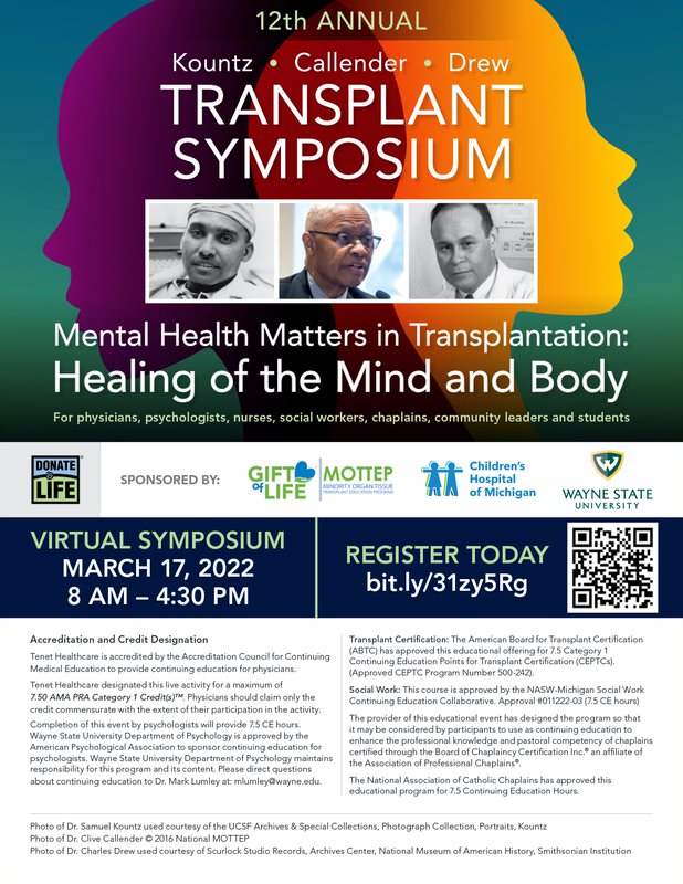 DonateLifeMI's tweet photo. DON'T MISS the amazing line up of speakers’ focusing on mental health impacts on the transplant journey at the 12th Annual Kountz Callender Drew Virtual Transplant Symposium TOMORROW March 17th from 8:00am-4:30pm.

REGISTER NOW at: 
https://t.co/u4s9ohfJIh https://t.co/qYsGbOU7H7