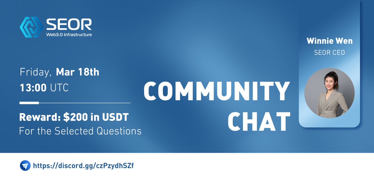 SEOR001's tweet photo. ⛱️SEOR Community Chat Announcement
⏱️: Mar 18th, 13:00 UTC
📺: https://t.co/wMQboR49Yp
💳: $200 USDT
👥: Winnie Wen (CEO)

🚁Rules:
🌁Join:https://t.co/I17eL3Ttd8
🥳Questions will be selected from the Twitter Comment and Discord Community Chat Channel
🎉Winners share the reward‼️ https://t.co/BE6le33o3K