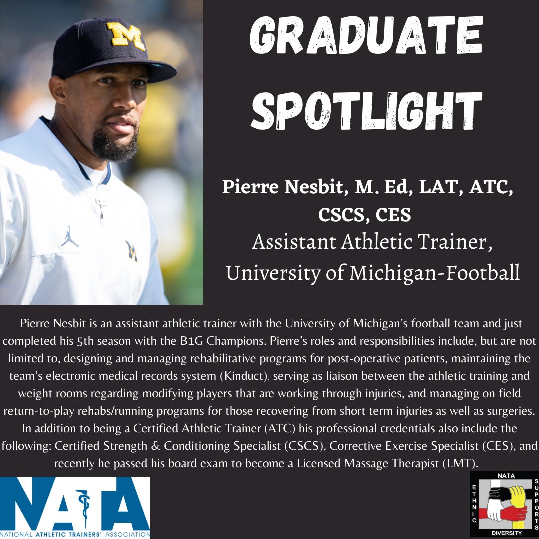 Today, we would like to put the #GraduateSpotlight on Pierre M. Nesbit, Assistant Athletic Trainer at The University of Michigan. Pierre recently completed Massage Therapy School. Congratulations!!! Read more about him below: instagram.com/p/CbKkYrtLo1H/…

#EDAC365 #EDAC4ALL