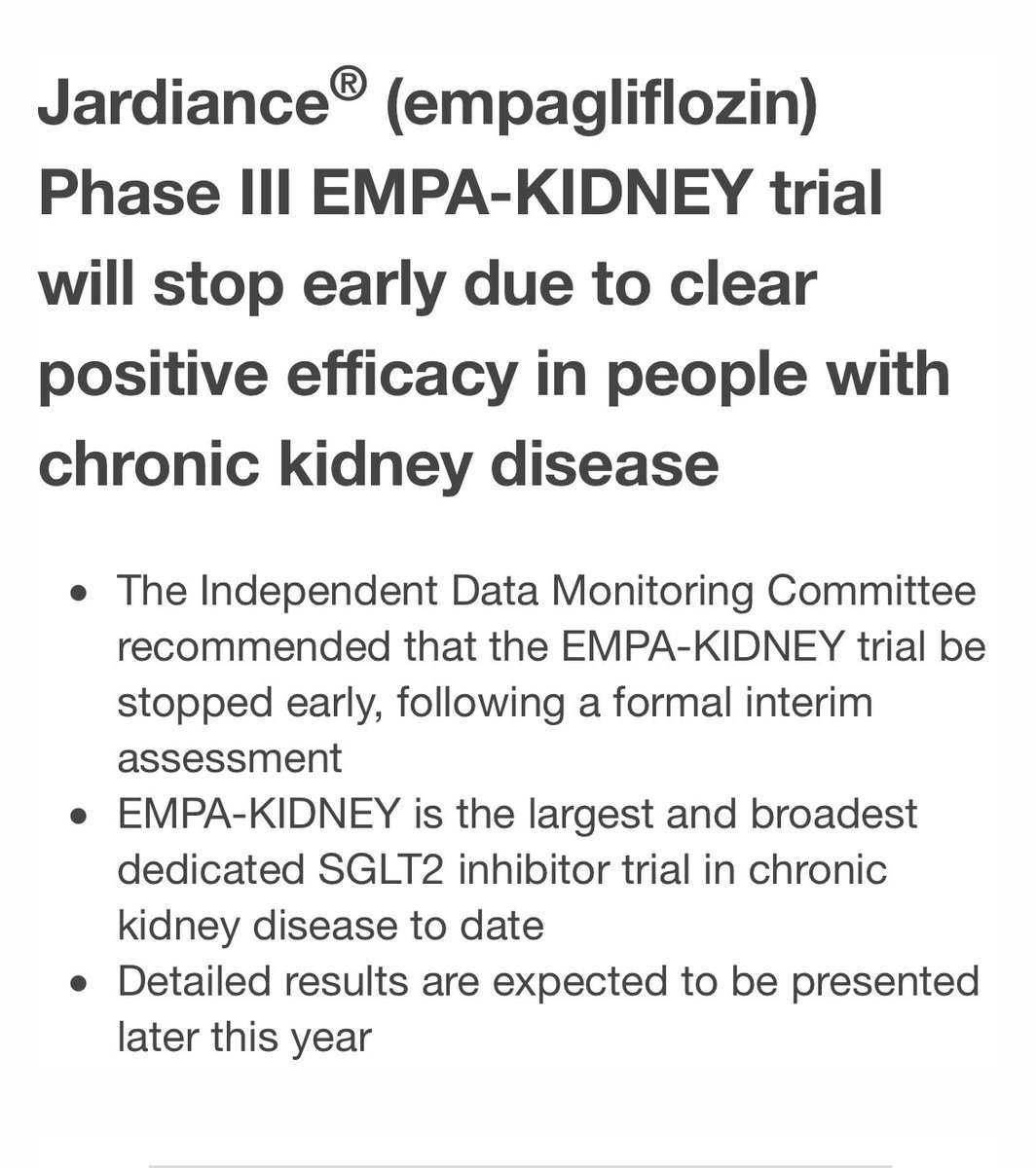 ⚠️#Empagliflozin Phase III EMPA-KIDNEY trial will stop early due to clear positive efficacy in people with chronic kidney disease
#CardioTwitter