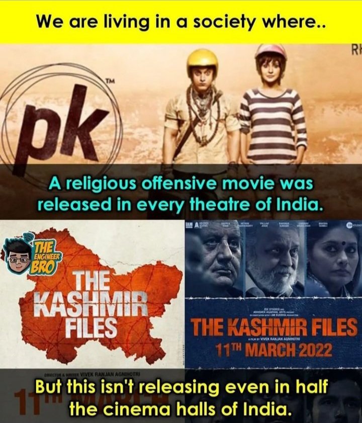 Adarshsingh718's tweet image. We lived in #2types of #india,first when religion offensive movie released in every theatre and peoples watched happily makes it blockbuster movie but second you make a movie on truth story any religion then it's movie not released in half of theatre 
#TheKashmirFiles