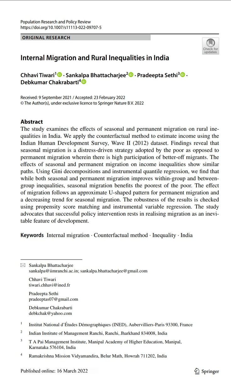 tiwari_chhavi's tweet photo. #thesiswork getting published. In this research, we find that both seasonal and pemanent #migration reduces #inequalities in #ruralindia.
#research #poptwitter #EconTwitter https://t.co/7VlHvAt2cu