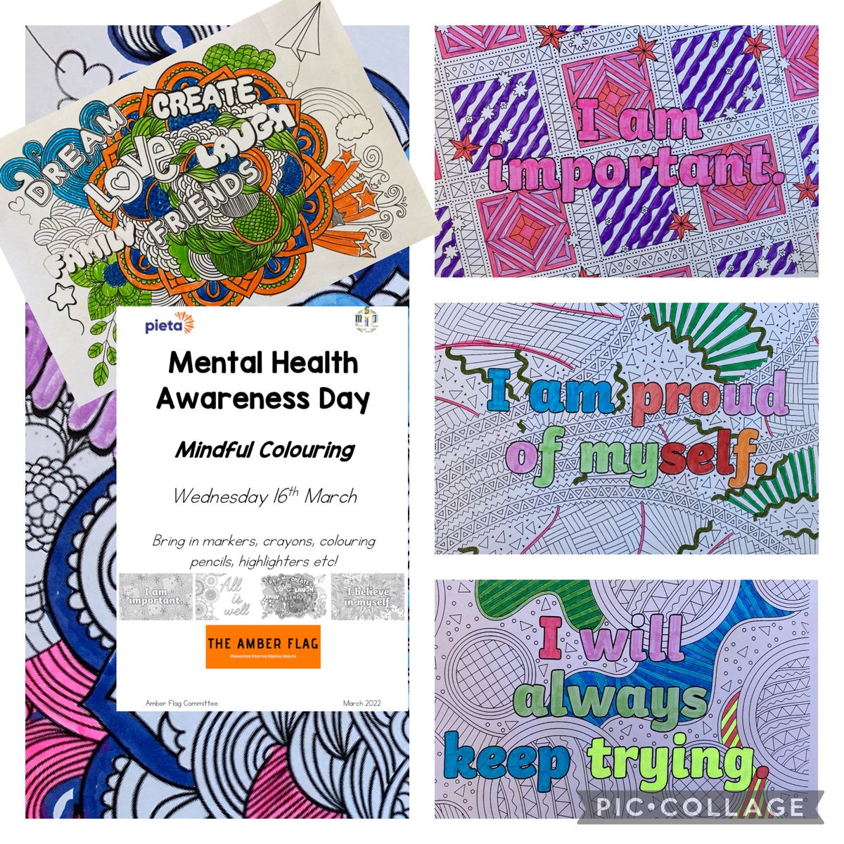 As part of our Mental Health Awareness Day our entire school community took a break from work to complete some Mindful Colouring. Mindful colouring nurtures wellbeing, reduces stress and anxiety. <a href="/pietahouse/">Pieta</a> #amberflag #positivity #wellbeing