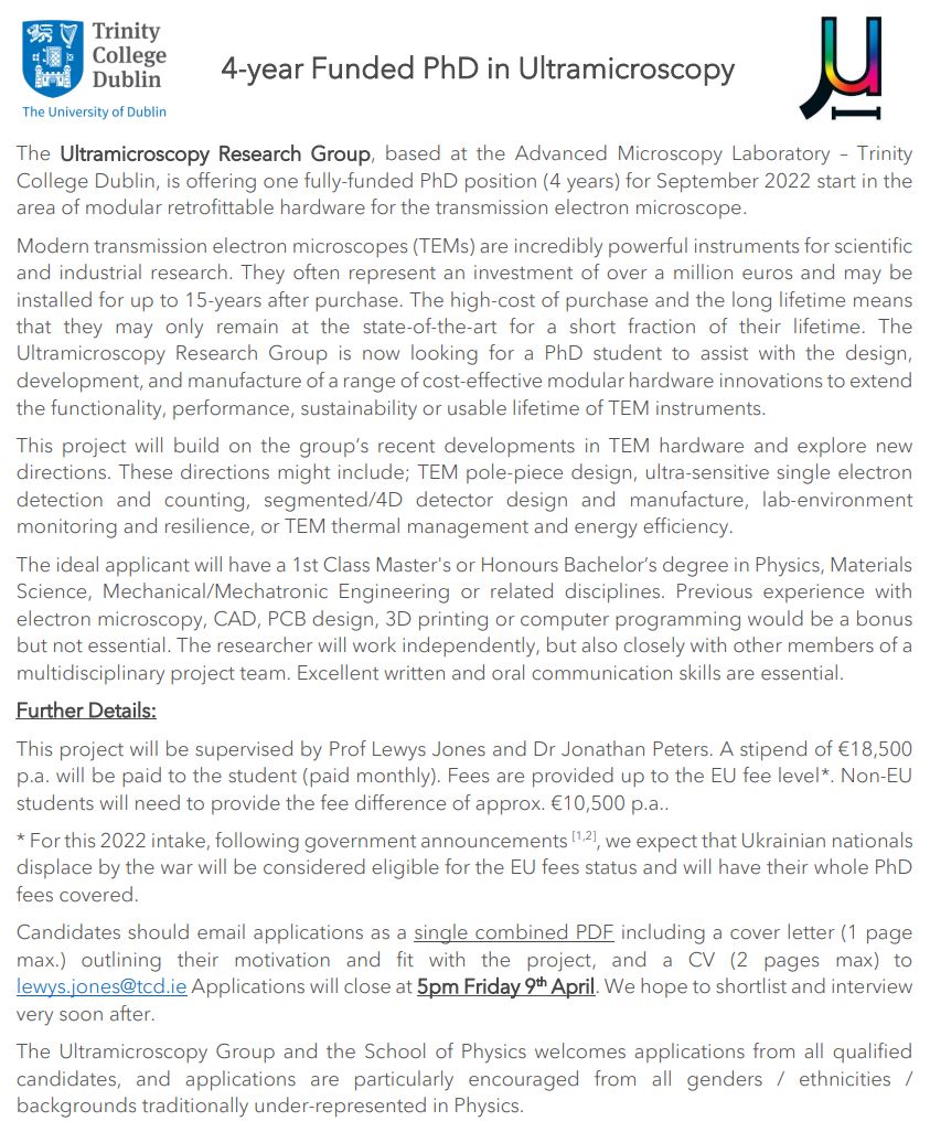 We're offering a fully-funded 4-year PhD in modular hardware innovation for electron microscopy (stipend + EU-fees). Full details at: tcd.ie/Physics/resear…. Would suit a Physics/Eng background student. <a href="/MicroscopyIrl/">Microscopy Society of Ireland🔬</a> <a href="/TCD_physics/">TCD_physics</a> <a href="/tcdengineering/">Trinity Engineering</a> <a href="/RMS_EarlyCareer/">RMS Early Career Researchers</a> @IoP_EMAG ♥🔬