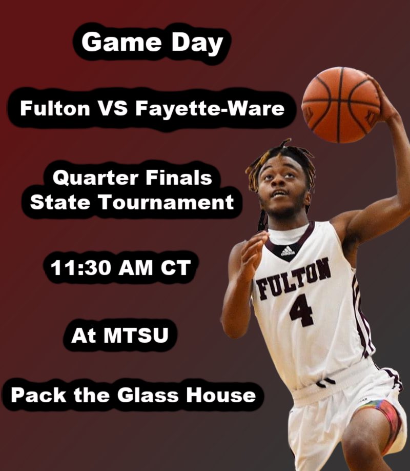 FultonBBall's tweet photo. It’s game day for your Falcons!
Quarter Finals
State Tournament
Fulton VS Fayette-Ware
At MTSU
Game time: 11:30 AM CT
Come out and support your falcons at the glass house!
#fultonhoops #FultonFamily
#PacktheHouseattheGlassHouse
@5StarPreps @prepxtra https://t.co/0BFOPCZuAG