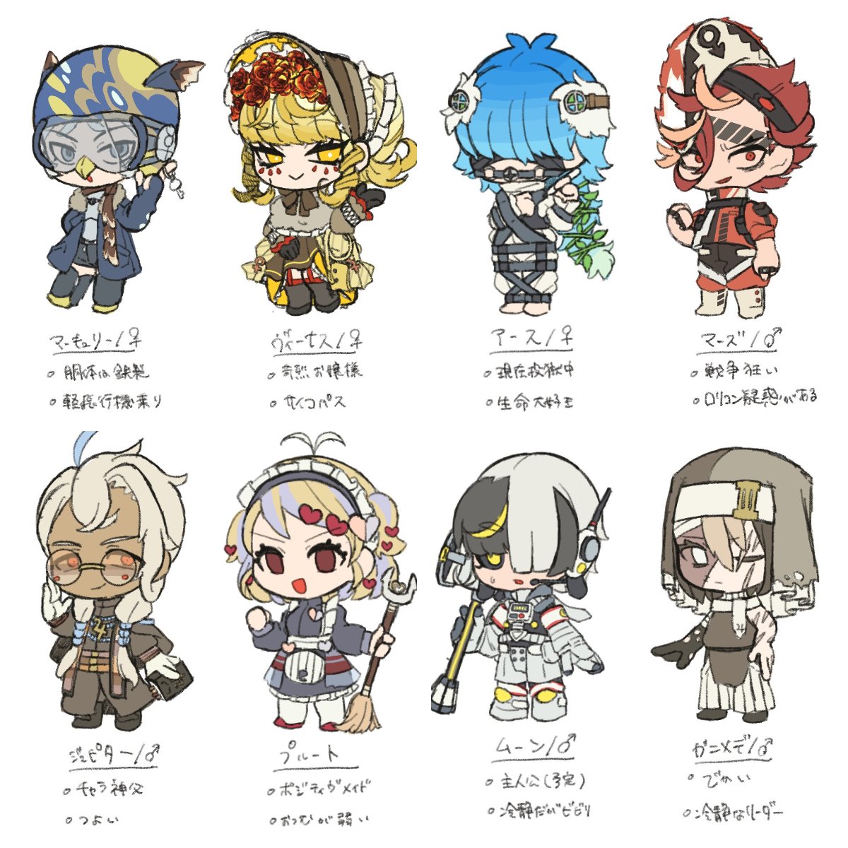 bee8864's tweet photo. 【固定用】
８×８🌱です！
擬人化だったりじゃなかったりするキャラデザばっかりしています。
元素擬人化創作🔬(1枚目)：#元素街特殊観察ログノート　←メイン創作
星座擬人化創作🌌(2枚目)：#廻る天蓋のステラ
太陽系天体擬人化創作💫(3枚目)：#巡る星系のステラ
擬人化以外の創作：#枝葉末節8864 https://t.co/Py0SDT4ORX