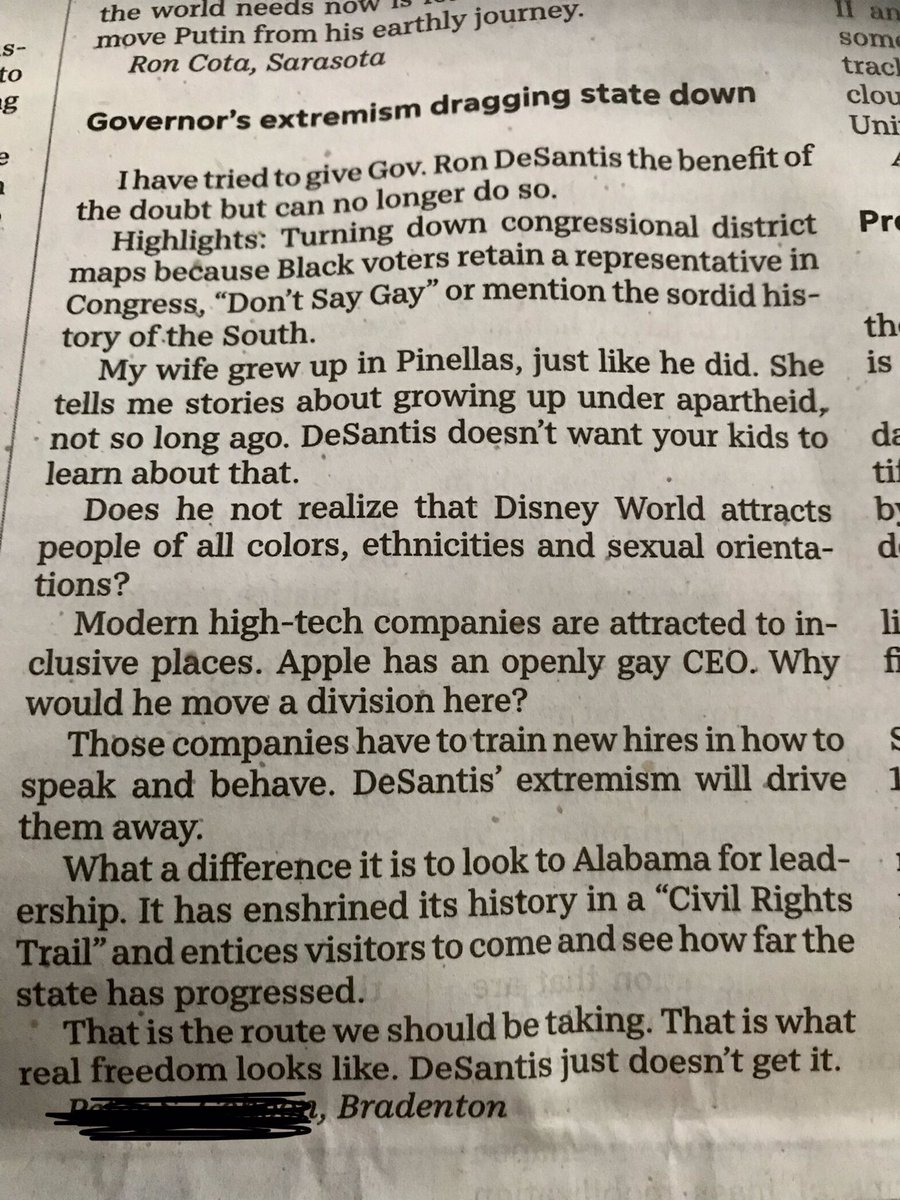 CathyNotToday's tweet photo. I am seeing more letters to the editor like this in my red county of Florida 

Perhaps people are waking up to the extremist policies of DeSantis and the impact such intolerant &amp; divisive positions will intimately have on this state 

It’s time to #DragDesantis out of the mansion https://t.co/NMEcJl0wxQ