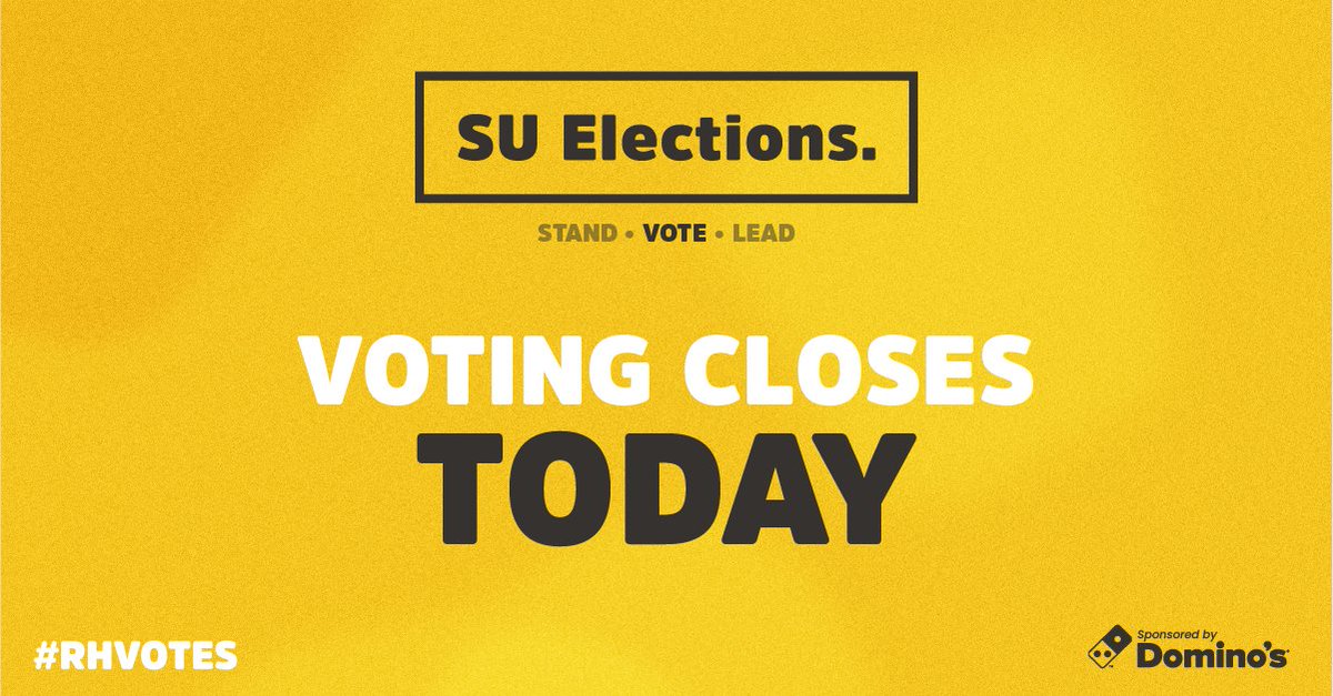 SURHUL's tweet photo. 🚨 There's just 3 hours until voting for the SU Elections closes! 🚨  If you're undecided on who to vote for, there's still time to read through the candidates' manifestos or watch Candidate Question Time. Head to the SU website to vote! 👉 https://t.co/6c0y3Sg7ol #RHVotes https://t.co/bET9FKrbTX