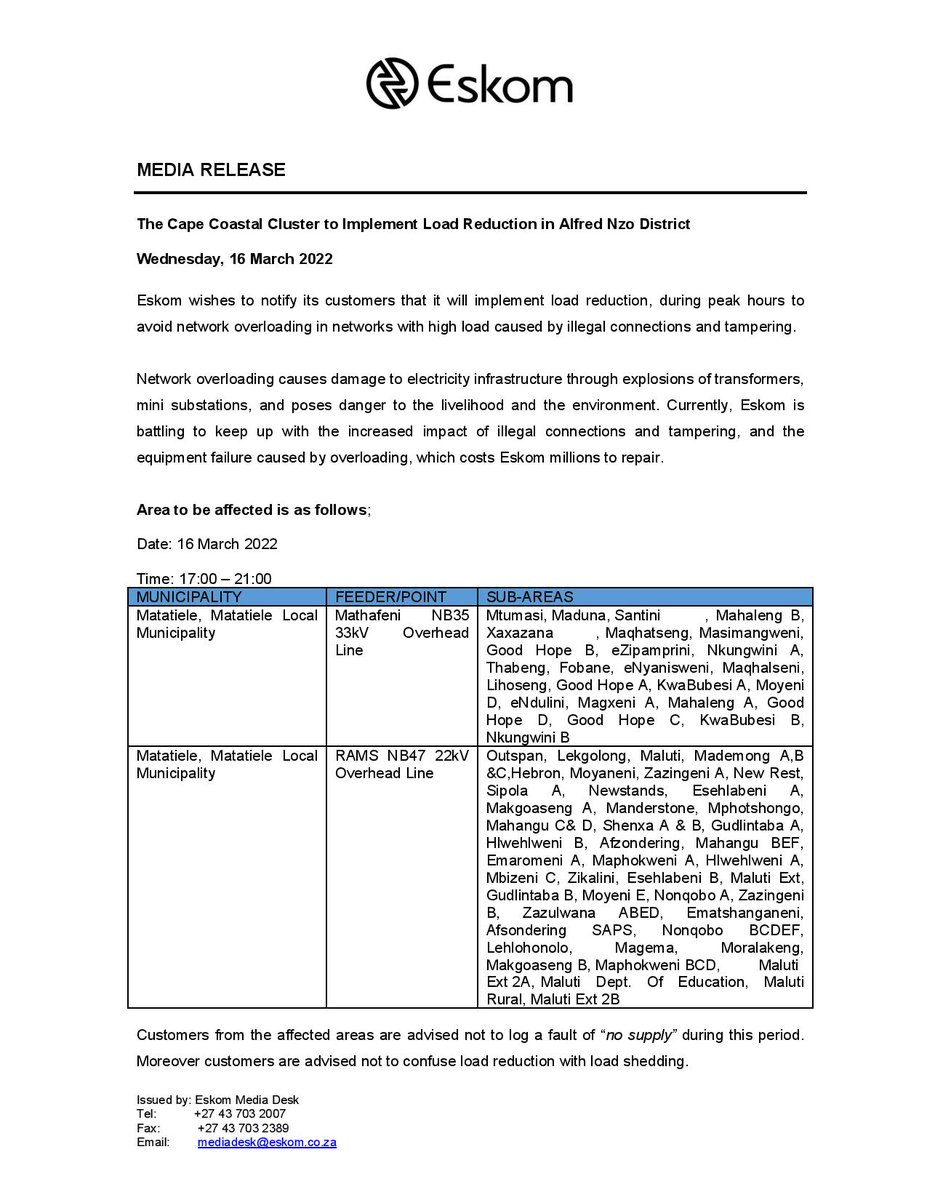 Eskom_SA's tweet photo. Eskom Load Reduction Notice 

Date: 16 March 2022 

#EskomEasternCape #EskomFreeState #EskomKZN #EskomGauteng

 Please see below the provincial statements for details and areas that will be affected today during the hours of 17:00 until 22:00 (times may differ per province) https://t.co/ffU6ibXMxD