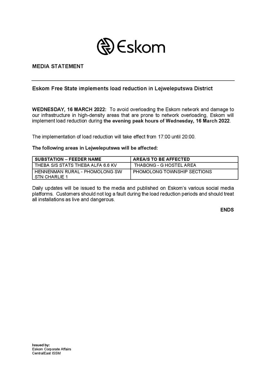 Eskom_SA's tweet photo. Eskom Load Reduction Notice 

Date: 16 March 2022 

#EskomEasternCape #EskomFreeState #EskomKZN #EskomGauteng

 Please see below the provincial statements for details and areas that will be affected today during the hours of 17:00 until 22:00 (times may differ per province) https://t.co/ffU6ibXMxD