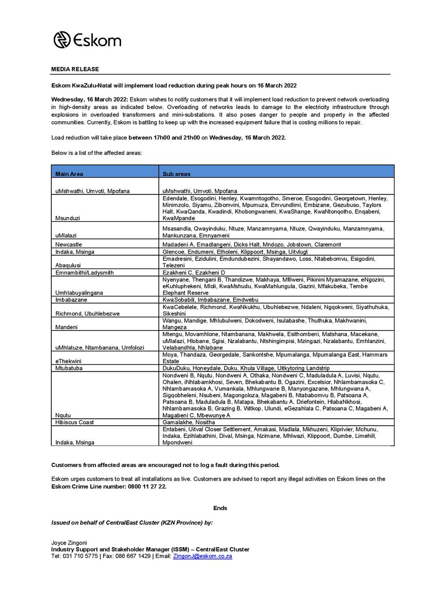 Eskom_SA's tweet photo. Eskom Load Reduction Notice 

Date: 16 March 2022 

#EskomEasternCape #EskomFreeState #EskomKZN #EskomGauteng

 Please see below the provincial statements for details and areas that will be affected today during the hours of 17:00 until 22:00 (times may differ per province) https://t.co/ffU6ibXMxD