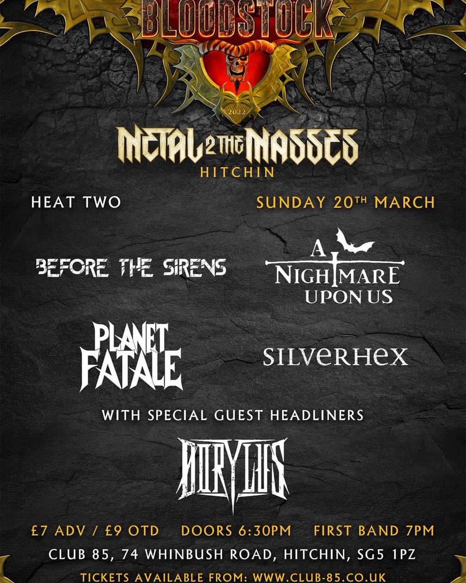 Planet Fatale (@planetfatale) on Twitter photo Some tasty gigs this weekend 😛🤘
Fri 18 - <a href="/ThePortlandArms/">The Portland Arms</a>, Cambridge w/ <a href="/kainemetal/">Kaine</a>, <a href="/RAZE_BAND/">RAZE</a> & The Forsaken
Sat 19 - The Carlisle, Hastings w/ <a href="/Neverworldmetal/">Neverworld</a> & Kaine
Sun 20 - <a href="/club85/">Club 85</a> Hitchin M2TM w/ <a href="/WeAreSilverhex/">Silverhex</a>, <a href="/beforethesirens/">Before The Sirens</a>, A Nightmare Upon Us & <a href="/DorylusBand/">Dorylus</a> Some tasty gigs this weekend 😛🤘
Fri 18 - <a href="/ThePortlandArms/">The Portland Arms</a>, Cambridge w/ <a href="/kainemetal/">Kaine</a>, <a href="/RAZE_BAND/">RAZE</a> & The Forsaken
Sat 19 - The Carlisle, Hastings w/ <a href="/Neverworldmetal/">Neverworld</a> & Kaine
Sun 20 - <a href="/club85/">Club 85</a> Hitchin M2TM w/ <a href="/WeAreSilverhex/">Silverhex</a>, <a href="/beforethesirens/">Before The Sirens</a>, A Nightmare Upon Us & <a href="/DorylusBand/">Dorylus</a>