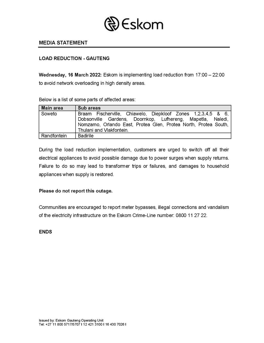 Eskom_SA's tweet photo. Eskom Load Reduction Notice 

Date: 16 March 2022 

#EskomEasternCape #EskomFreeState #EskomKZN #EskomGauteng

 Please see below the provincial statements for details and areas that will be affected today during the hours of 17:00 until 22:00 (times may differ per province) https://t.co/ffU6ibXMxD