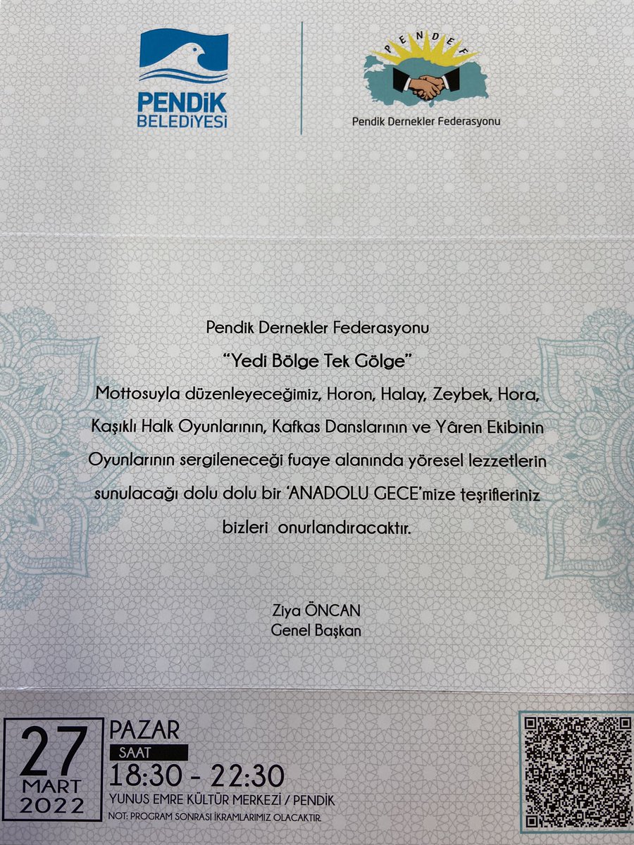 Pendik Belediyesi ve Pendik Dernekler Federasyonun düzenlemiş olduğu “ Yedi Bölge Tek Gölge” programına tüm hemşehrilerimiz davetlidir.🌸