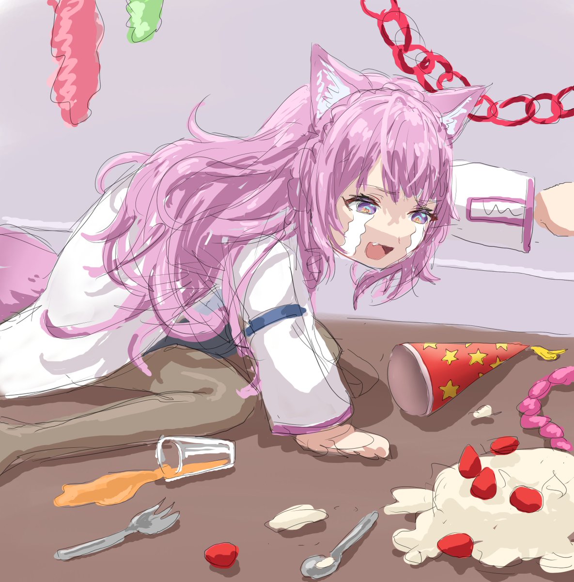 hakui koyori party hat animal ears crying pink hair spill food long hair  illustration images