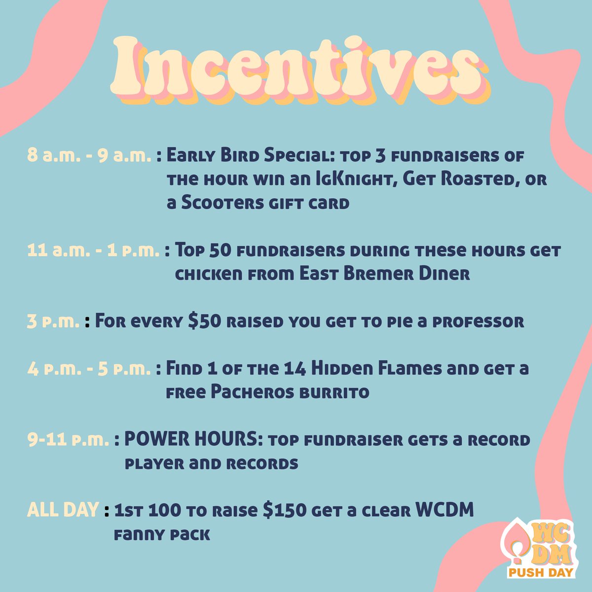 Push Day Incentives are here! Check out all the things you could win if you fundraise throughout the day! #GroovinOurWayTo40K