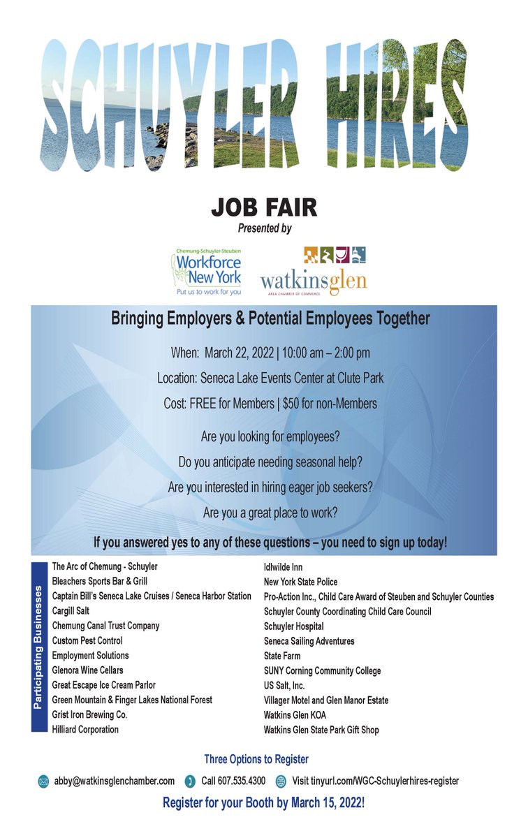CSSWorkforceNY's tweet image. Job Fair being held March 22, 2022, 10:00am - 2:00pm
Bring your resume. Don't have a resume? Need interviewing tips? No problem! CSS Workforce NY can help you. Contact the Career Center in Montour Falls via email info@csswfny.com to schedule at time to talk.