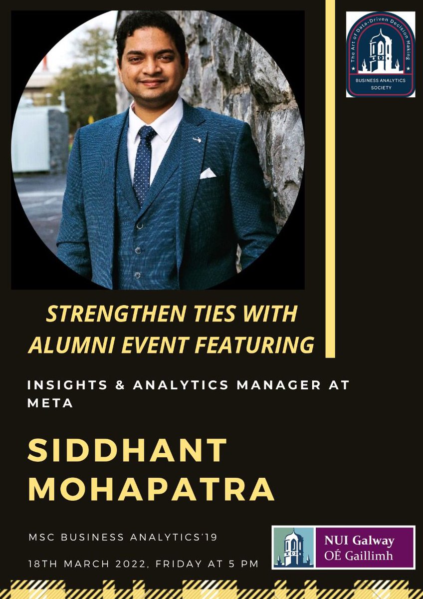 basocnuig's tweet photo. Meet our third alumni for the event!

👋Siddhant Mohapatra is working as the Insights and Analytics Manager at Meta. He graduated from Class of 2019. Currently his work at Meta involves quantifying top quality issues, implementing change with cross-functional partners. https://t.co/criI55mD2U