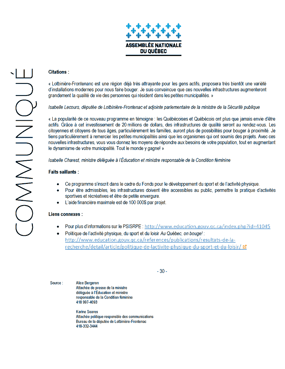 La députée de Lotbinière-Frontenac, Mme Isabelle Lecours, a dévoilé les projets retenus du nouveau programme PSISRPE. Dosquet, Laurier-Station, Sainte-Agathe-de-Lotbinière et Saint-Flavien vont bénéficier de sommes!