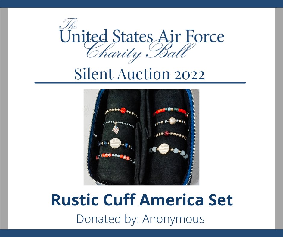 AirSpaceGala's tweet photo. The Rustic Cuff America set contains eight beautiful bracelets and a blue jewelry case. Silent auction bidding is now open!!
#afcb2022 #airforcecharityball2022 #afas https://t.co/ngLtM5xnSn