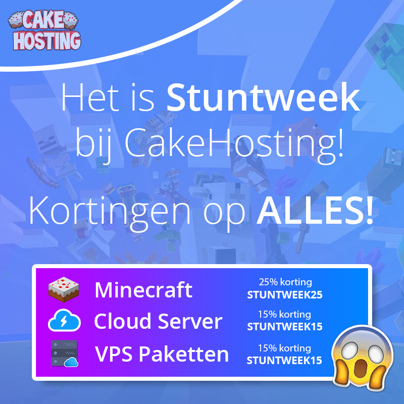 CakeHostingNL's tweet photo. 💥CAKEHOSTING STUNTWEEK!💥 Gebruik code STUNTWEEK25 voor 25% korting op je nieuwe Minecraft Server, en code STUNTWEEK15 voor 15% korting op je nieuwe Cloud Server en VPS! Bekijk snel onze website: https://t.co/EzpcC5TCN2! https://t.co/tldxaQHcJx