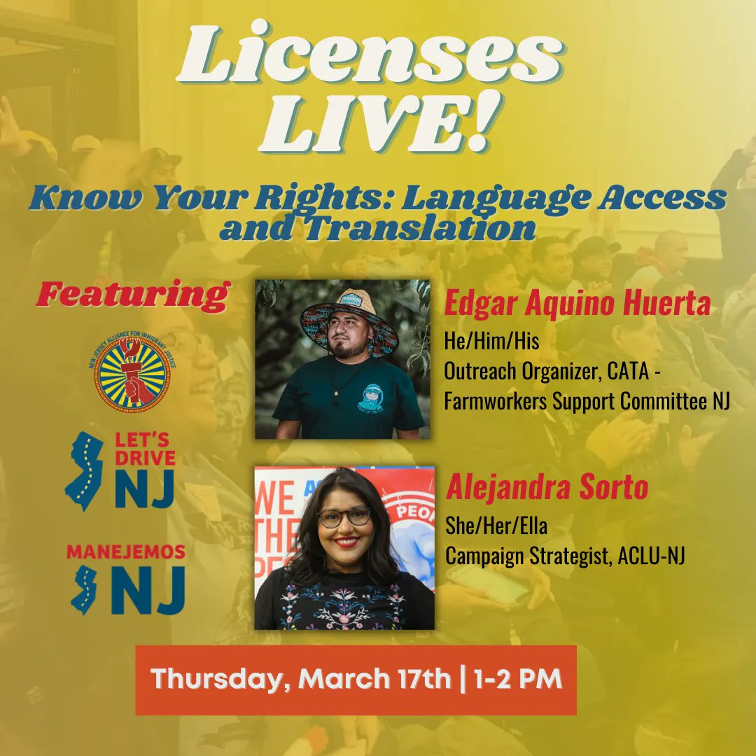 CATAMigrantes's tweet photo. ¿Quiere sacar la licencia de manejo en NJ? ¿Sus documentos están en otro idioma diferente al inglés y es el inglés su segunda lengua? No se pierda esta reunión virtual el jueves 17 de marzo de 1 a 2 pm en la página de Facebook de @NJImmigrantJustice
@NJAIJ @ACLUNJ @LetsDriveNJ https://t.co/GjbJ23t4AS