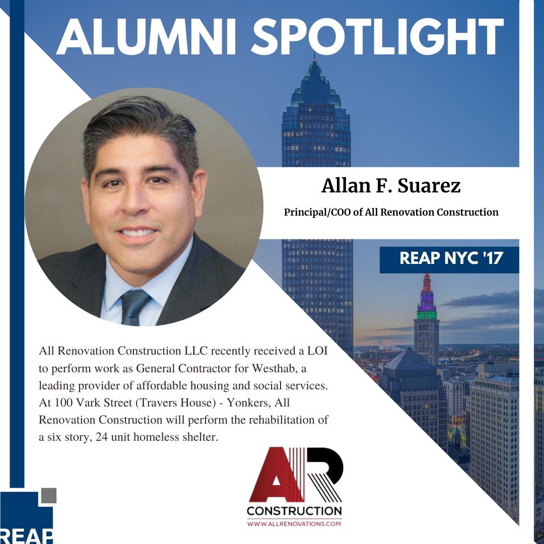 ProjectREAP's tweet photo. Congratulations to Allan Suarez (REAP NYC '17) and his company All Renovation Construction, LLC who recently received a LOI to perform work as General Contractor for Westhab, a leading provider of affordable housing and social services.  

#ProjectREAP #Alumni https://t.co/CsedUw90S0