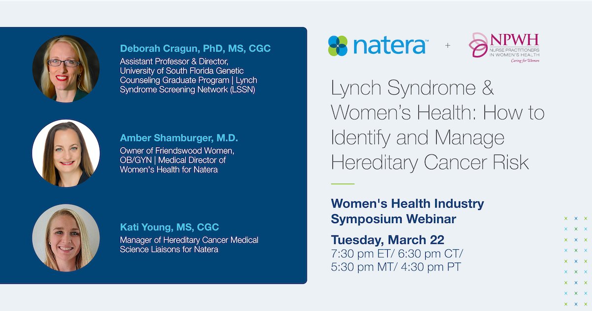 NateraGenetics's tweet photo. Join this clinician panel from Natera and @NPWH on March 22 for #LynchSyndrome Awareness Day as they discuss the importance of screening broadly for #HereditaryCancer risk and how to help patients take preventative action. https://t.co/fKW4DNSUkf

#CRCSM #KnowledgeIsEmpower https://t.co/WvP7wWj2RA