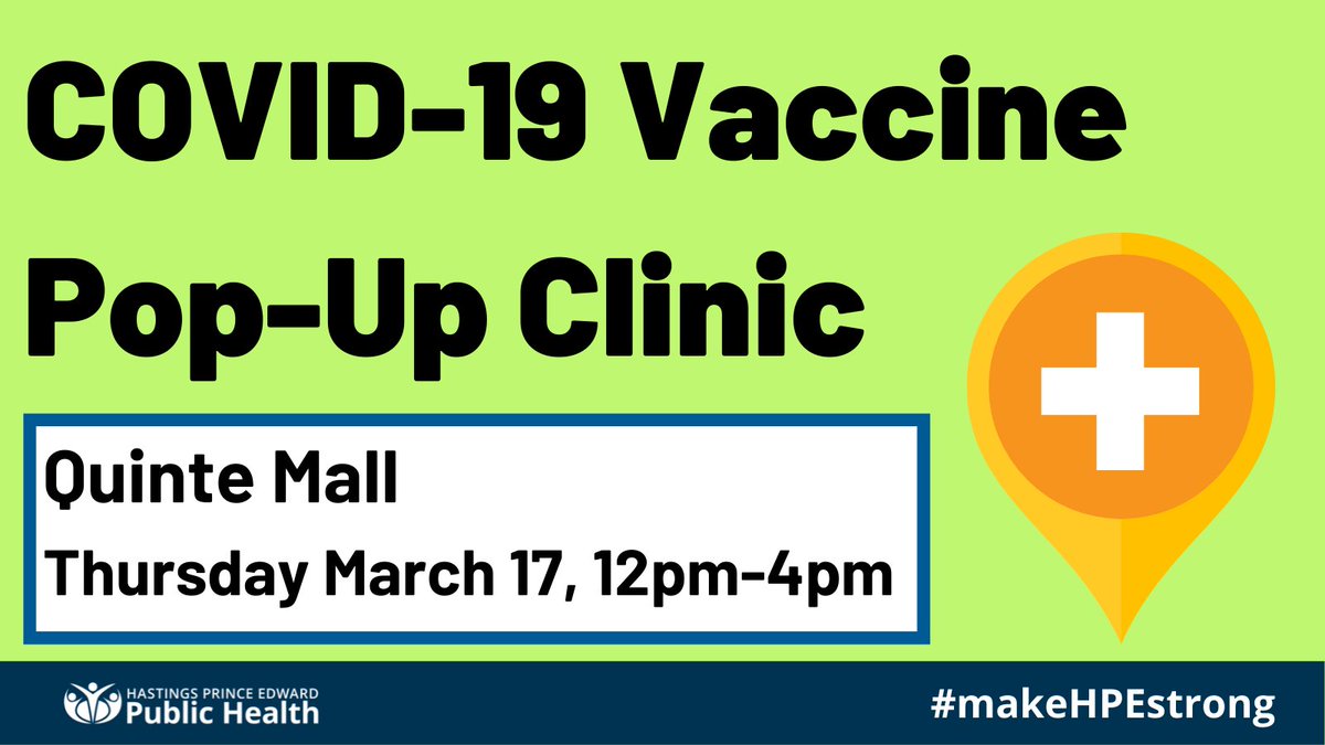 HPEPublicHealth's tweet photo. COVID-19 vaccine pop up clinic tomorrow, March 17 at the Quinte Mall from 12-4pm. Ages 5 and over for any eligible dose. Walk-ins only. Pfizer and Moderna. #makeHPEstrong https://t.co/BjigyOi0N6