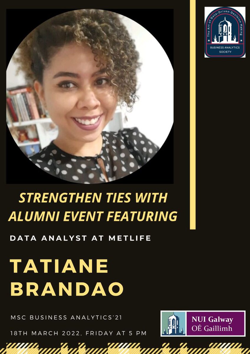 basocnuig's tweet photo. Meet our second alumni for the event!

👋Tatiane Brandao is working as a Data Analyst at MetLife. She graduated from Class of 2021 and has been the CR for her batch. Currently working in a cross-functional role to implement one of the most lead efforts towards GDPR compliance. https://t.co/9fZYJKFQE7