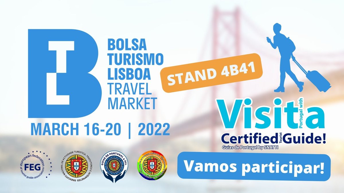 FEGTouristGuide's tweet image. We are glad to invite you to visit SNATTI – Guias de Portugal and FEG at BTL – Lisbon Travel Market 2022.
Visit us at STAND 4B41 from 16 to 20 March!
 
#TimeToTravel #TimeToBe #TimeToRestart #VisitPortugalWithACertifiedTouristGuide #GuiasdePortugalBySNATTI #GuiasDePortugal4ALL