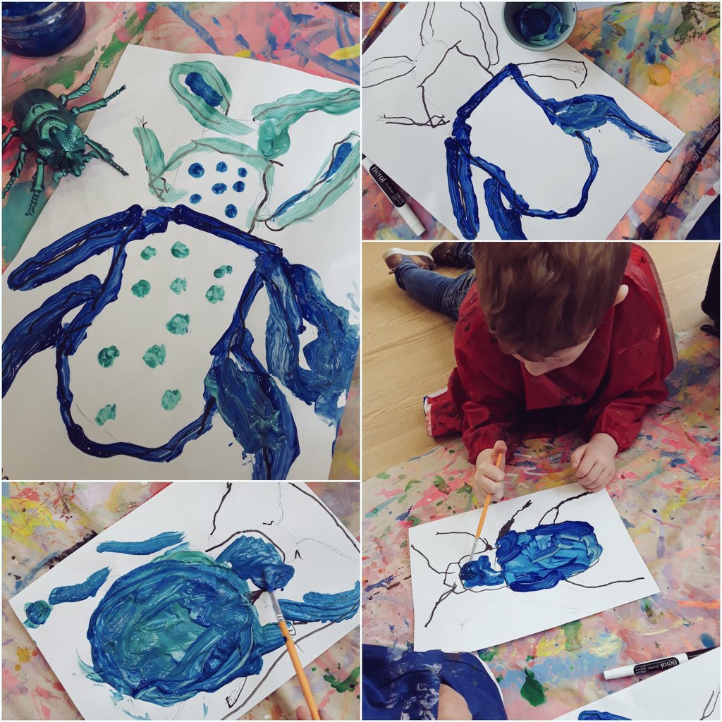 AshbridgeMaxy's tweet photo. Time to add layers of turquoise, teal, emerald or sea blue to our drawings! We absolutely enjoyed learning about the life cycle, kaleidoscopic nature & the anatomy of a beetle! #earlyscience #ScienceWeek2022 @NDNAtalk @cosydirect @EYTalking #springinquiry @atelier @ https://t.co/C5rKVavJ99